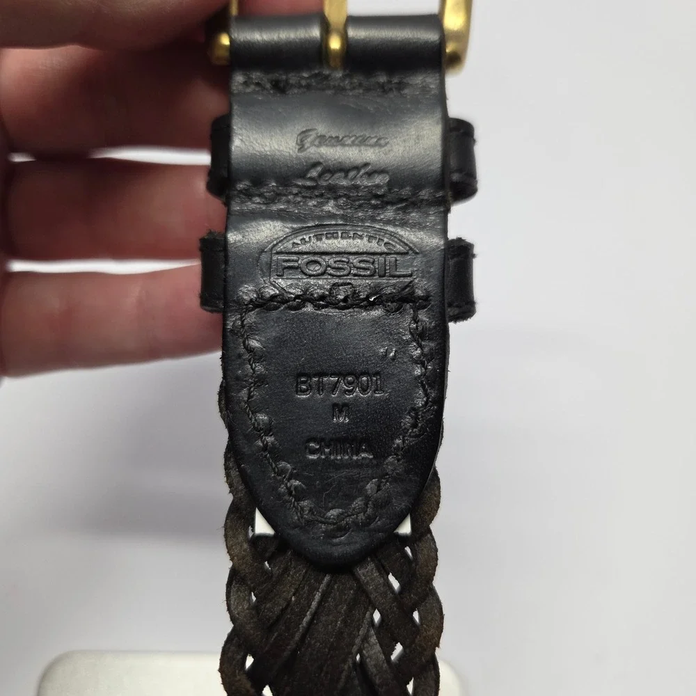 VTG Fossil Braided Leather Belt Medium Black Solid Brass Buckle 90s Classic Prep